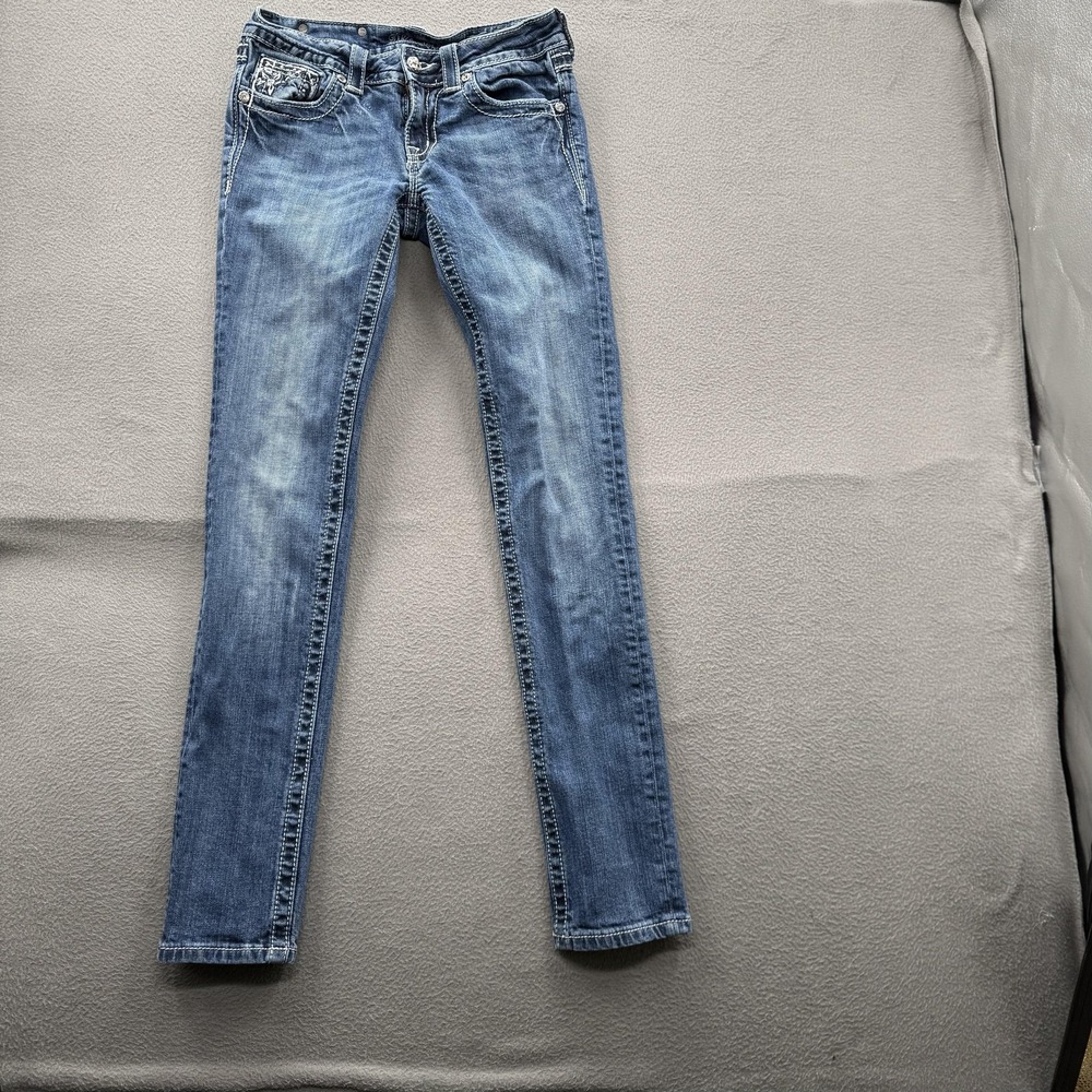 Miss Me Skinny Jeans Womens 27 Blue Dark Wash Low Rise Stretch Embroidered